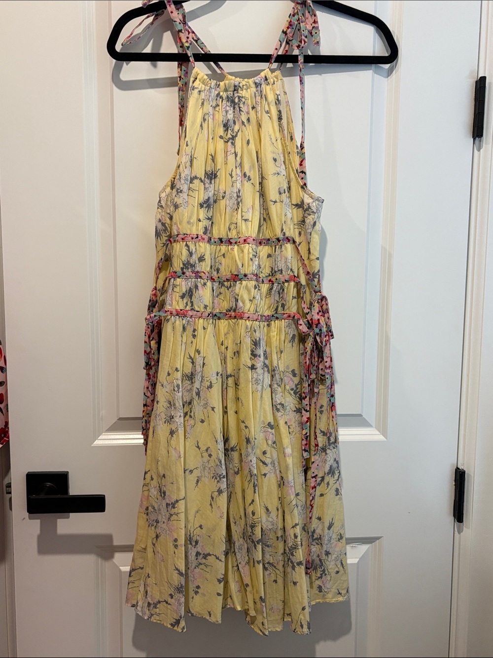 Rebecca Taylor Yellow Floral Tie-Strap Pleated Mini Dress